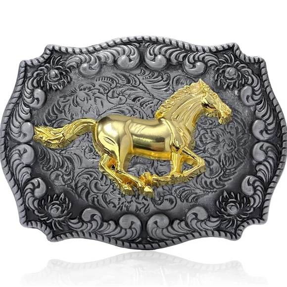 Horse belt buckle approximately 3.5 in gold and silver available German Silver and Gold Rodeo Horse Belt Buckle FR-821  main image 2